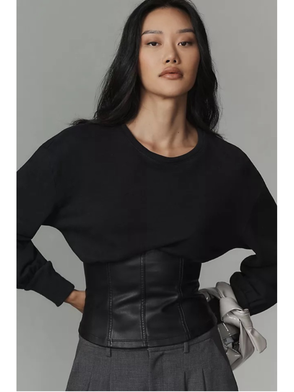 Anthropologie Pilcro Black Faux Leather Corset Sweatshirt Crewneck Grunge